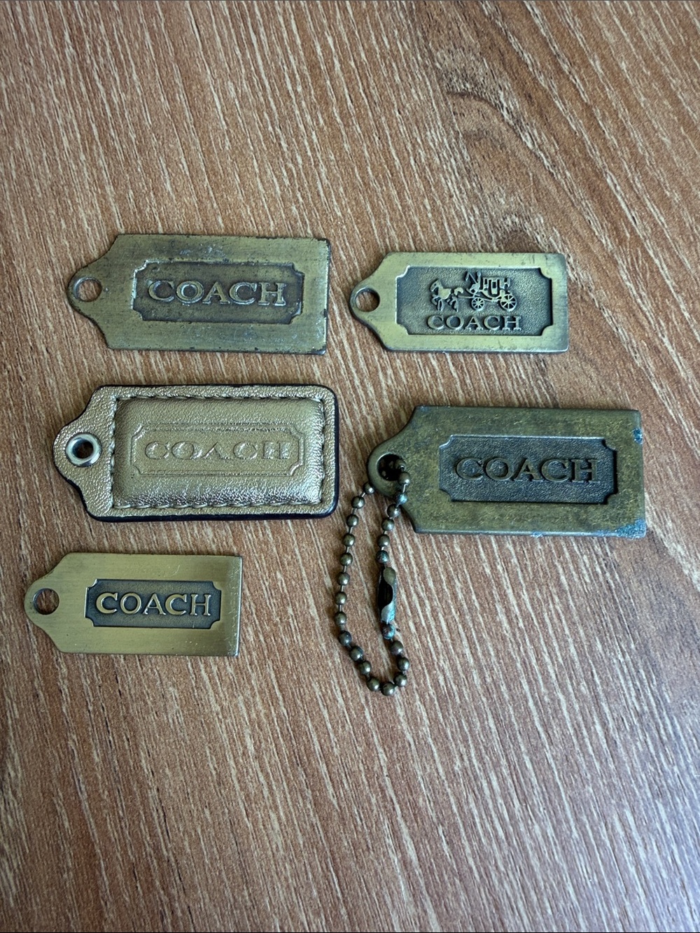 Coach Hangtags Purse Charms Set of 5 Brass & Gold Metallic Leather